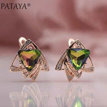 

PATAYA New Arrivals 585 Rose Gold Multicolor Triangular Cubic Zirconia Dangle Earrings Women Wedding Earring Fine Cute Jewelry