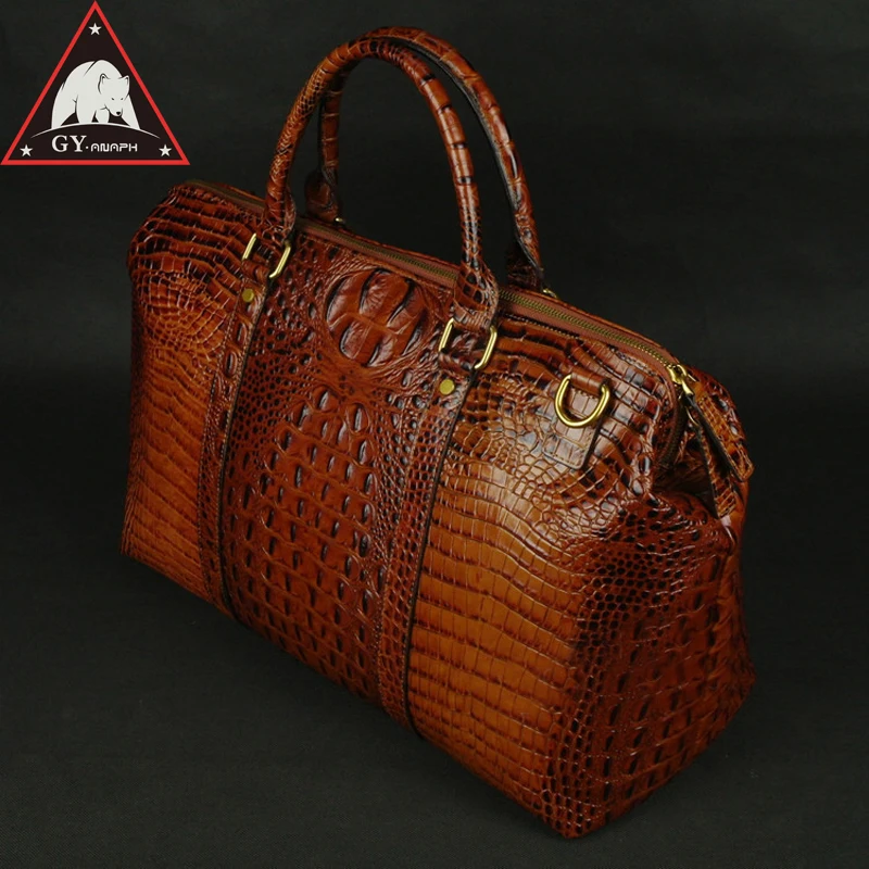 

ANAPH Collection Travel Duffle Bag/ Alligator Patent Leather Luggage/ Overnight Weekender Bags Attached 17" Laptop Case In Brown