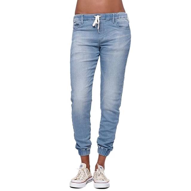 Women Casual Jogger Pants Drawstring Elastic Waisted Jeans Solid