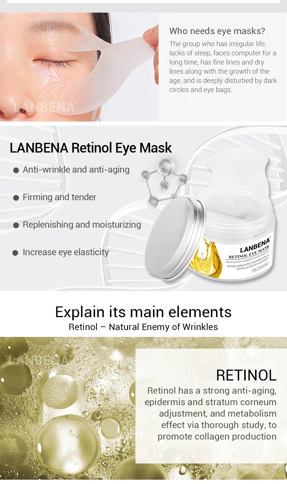 Маска для глаз Retinol, гиалуроновая кислота, патчи для глаз, уход за кожей с сывороткой, уменьшает темные круги, мешки, морщины у глаз восстанавливающий, Увлажняющий Укрепляющий красота