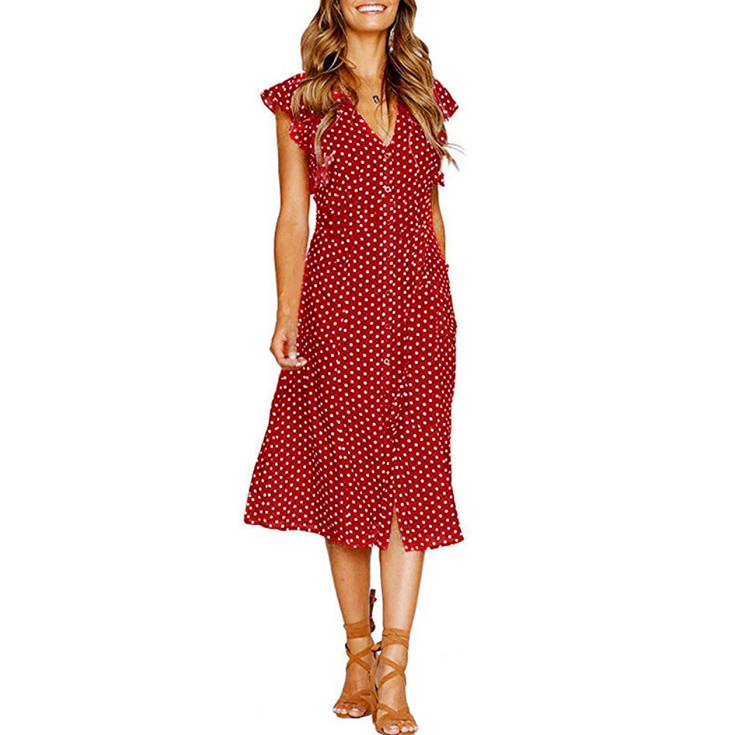 

Women Ruffles Polka Dot Dress Summer Sleeveless Button V-Neck Midi Dress Vintage Female Boho Beach Dresses Robe Femme