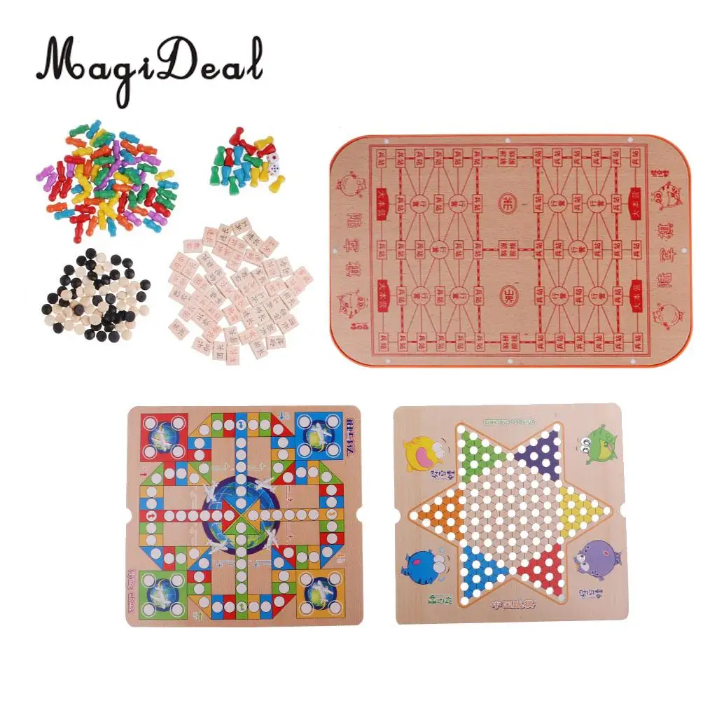 6 In 1 Wooden Chess Pieces Game Board Chinese Checkers Gobang Stratego for Kids Adults Entertainment