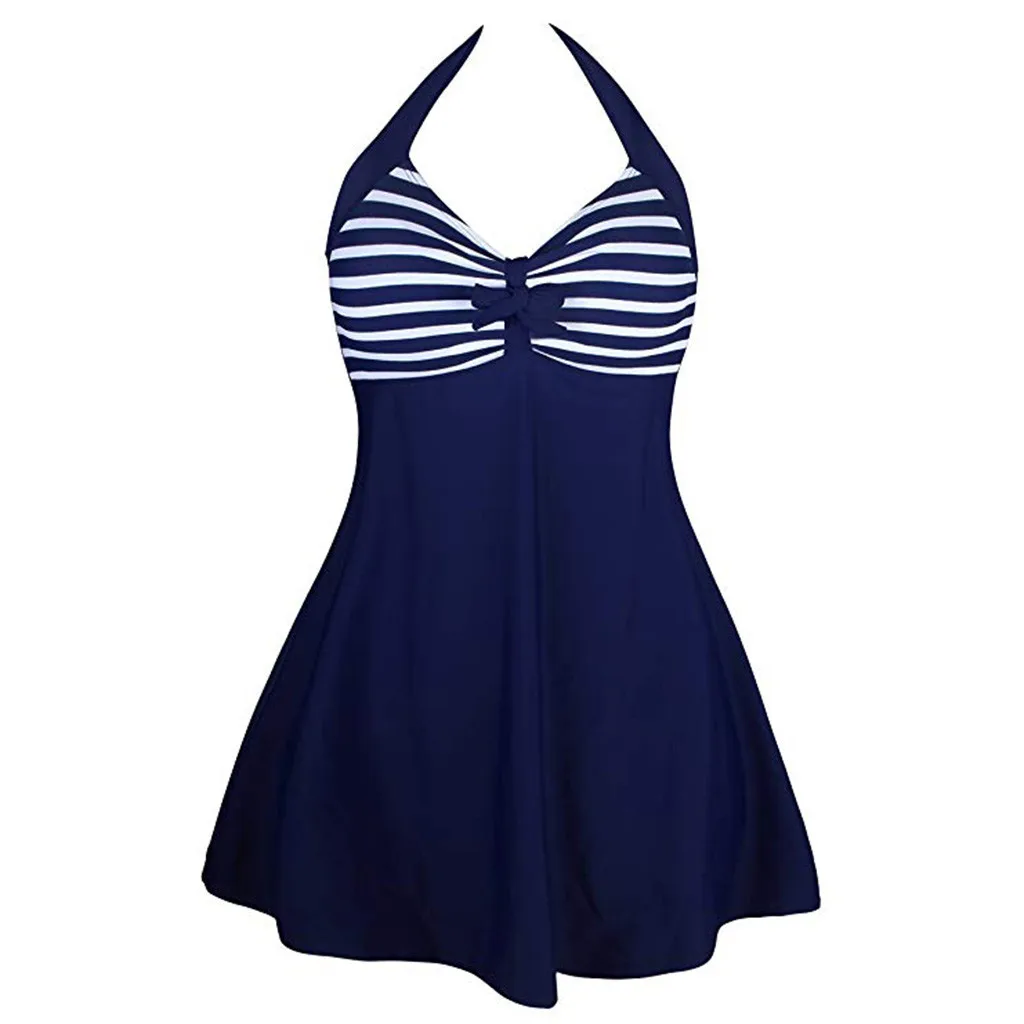 

2019 Sexy Plus size Striped Halter Skirt Swimwear Women One piece Suits Swimsuit Tankini Female Bathing suit Swimwear Dress Z501