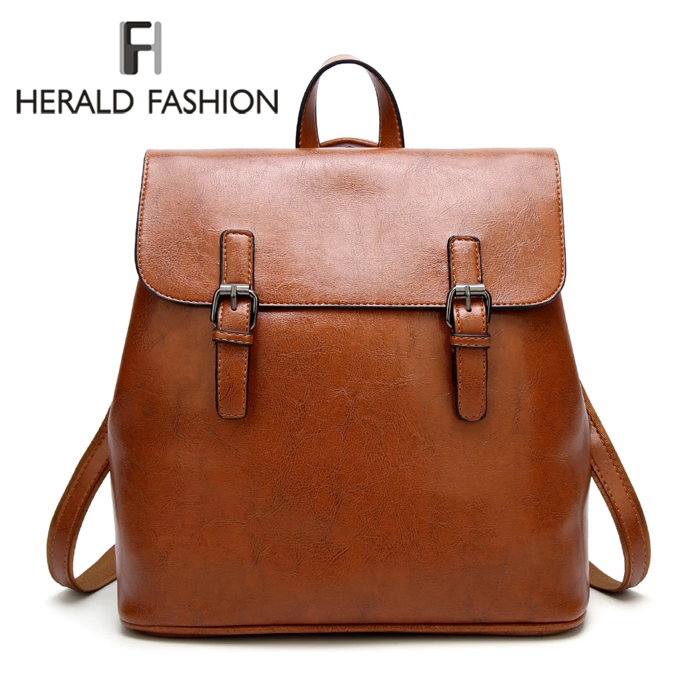 

Herald Fashion High Quality Women PU Leather Backpacks For Teenage Girls School Bags Vintage Solid Female Shoulder Bag Mochila