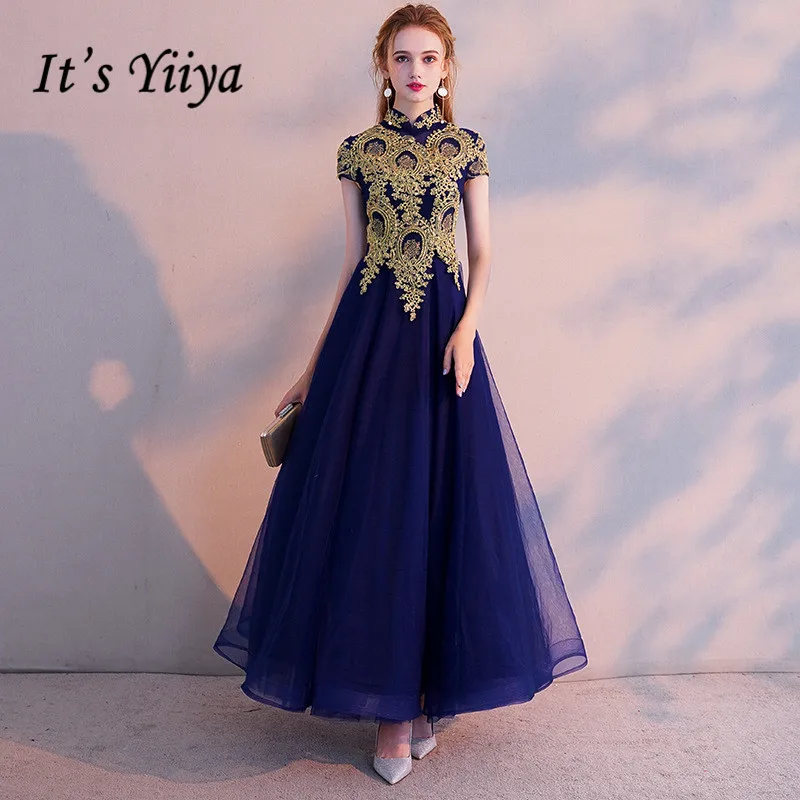 Это YiiYa вечернее платье винтажное Золотое кружевное вечернее платье с вышивкой Элегантное синее длинное торжественное платье на молнии для женщин E021
