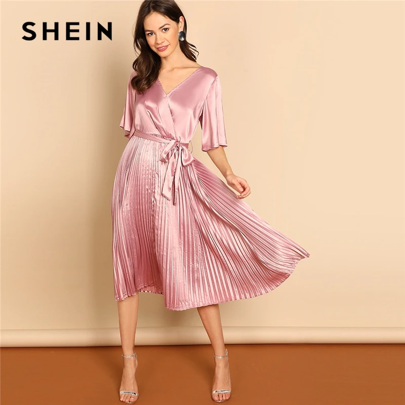 SHEIN Pink Party Solid Pleated Belted High Waist Wrap V Neck Long ...