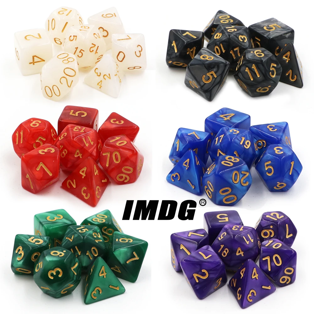 

IMDG 7pcs/set Creative RPG Game Dice Polyhedron Acrylic Dice DND Pearl Pattern Digital Game Dice with Bag