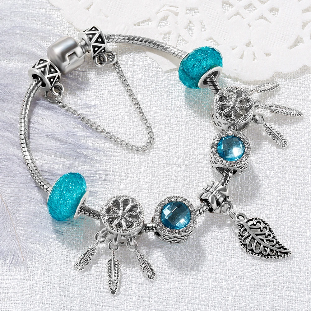 

Original Silver Color Blue Crystal Bracelet Bangle with Vintage leaf Glass Beads Brand Charm for Women DIY Jewelry Dropshipping