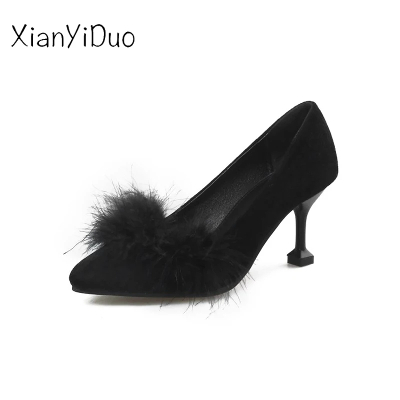 

Xianyiduo Slingbacks Spring/Autumn Women's Shoes Pointed Toe Faux Fur high heels Pumps plus size34-48 ladies Slip-On PU /S-3
