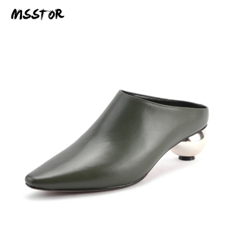 

MSSTOR Strange Style Plus Size Shoes Women Black Fashion Casual Leather Solid Mules Shoes Women Pointed Toe Outside Summer Shoes