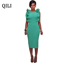

QILI Summer Ruffles Dress Women O-Neck Sleeveless Open Back Sexy Party Dresses Elegant Slim Knee-Length Solid Bodycon Dress