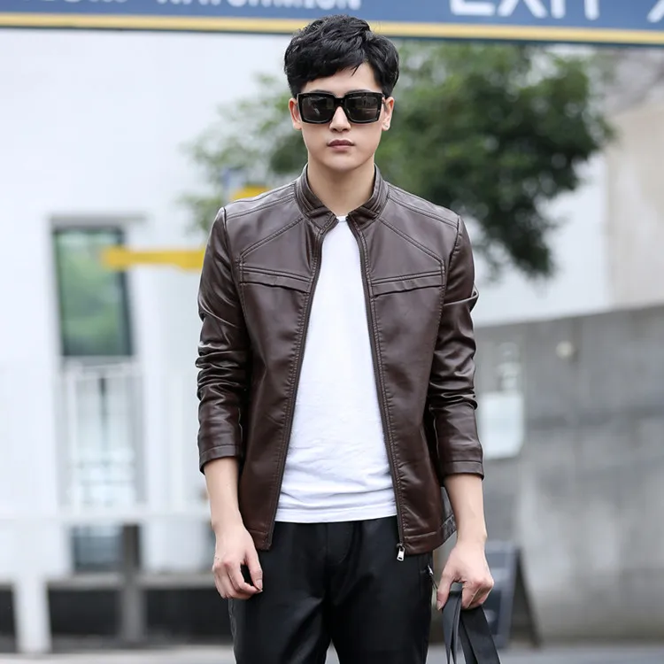Мужская кожаная куртка M-5XL плюс размер новая модная однотонная мужская кожаная куртка мотоциклетная куртка 3 цвета - Цвет: dark coffee