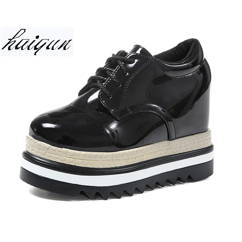 

Women High Platform Shoes 2019 Autumn Wedge Ankle Boots Height Increasing Leather Shoes 12CM Thick Sole Trainers Women Sneakers
