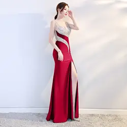 Винно-красное сексуальное вечернее платье с блестками и бусинами, женский сарафан, Длинные вечерние платья с поперечным разрезом