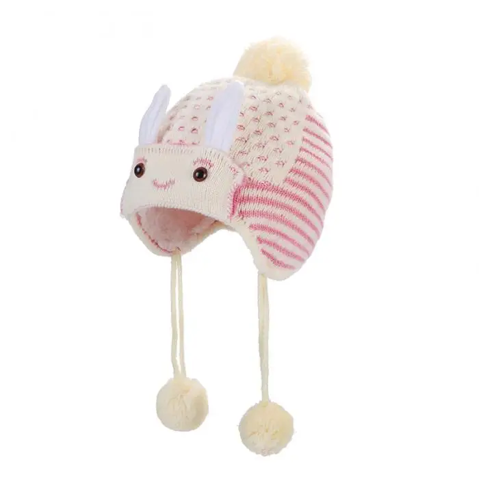 Новая Детская Зимняя Теплая Вязаная Шапка-бини с милым кроличьим декором, шапка с шариками для волос, MV66