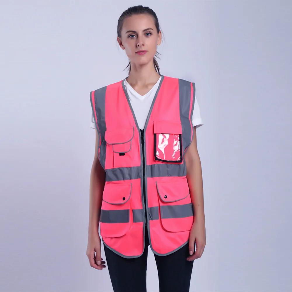 Pink Safety Vest Women High Visibility Work Clothes Uniforms With Pockets reflective vest safety vest high visibility vest