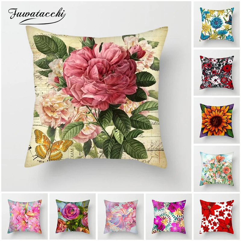 

Fuwatacchi Pink Rose Cushion Cover Chrysanthemum Floral Pillow Cover for Home Chair Sofa Decor Floral Painted Pillowcases 45*45