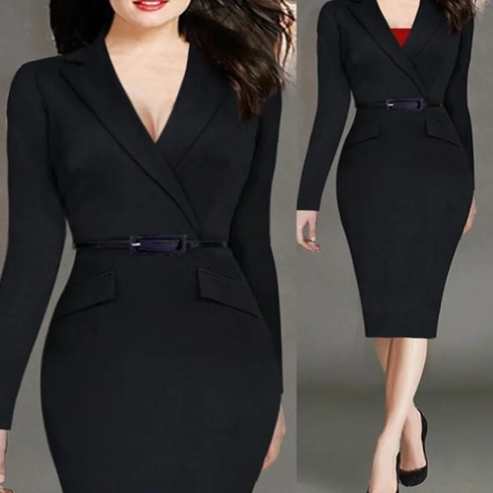 

Feitong Dress ladies Women's professional hind Wear to Work Bodycon Dresses fashion Solid elegant V-Neck Knee-Length Dress 2019