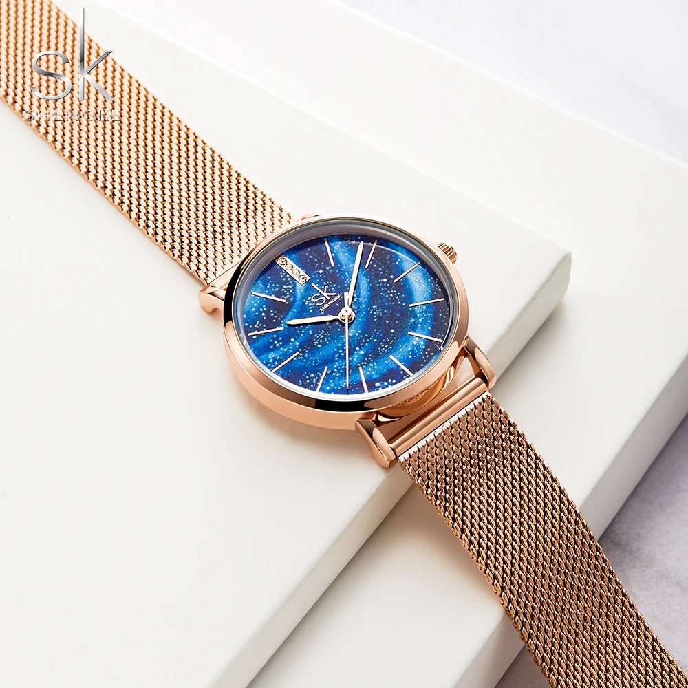 Shengke роскошные женские часы романтический Звездный синий циферблат сетка нержавеющая сталь ремешок ультра-тонкий чехол кварцевые наручные часы Reloj Mujer