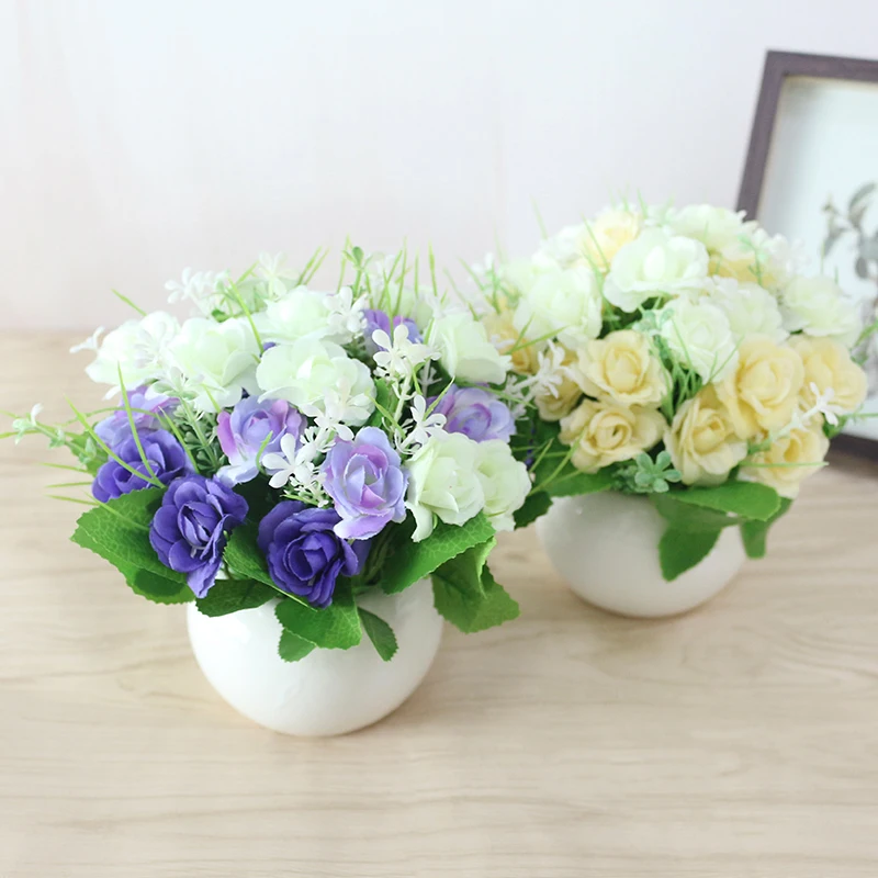JAROWN Artificial Flowers Rose Quality Ceramics Vase +Silk Flowers Artificial Flower Set Home Decoration Home Flowers Decoration (68)