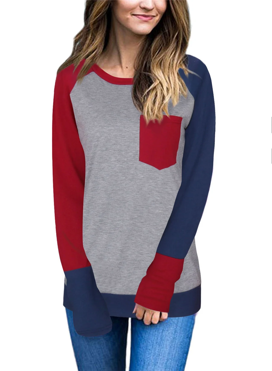 Gladiolus Hot Fashion Patchwork T Shirt Women 2018 Long Sleeve O-Neck Pocket Style Women Tops T-shirt Autumn Ladies Tee Shirts  (17)