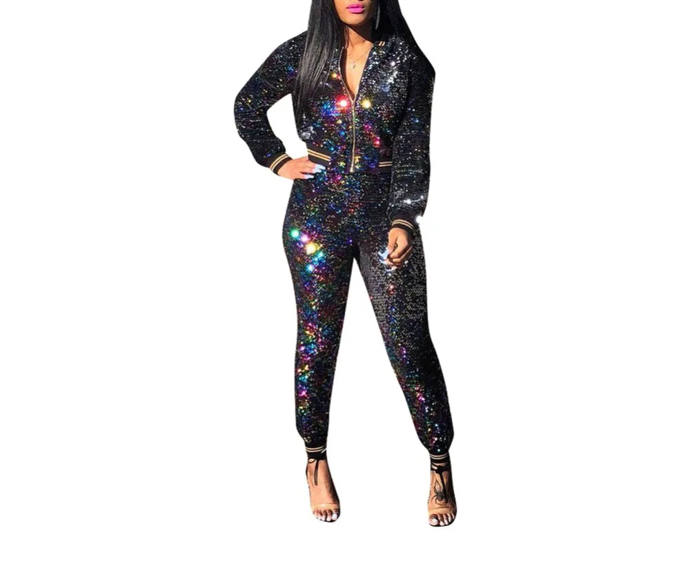 Women Wardrobe 2 Piece Tracksuits Rhinestone Long Sleeve Front Zipper ...