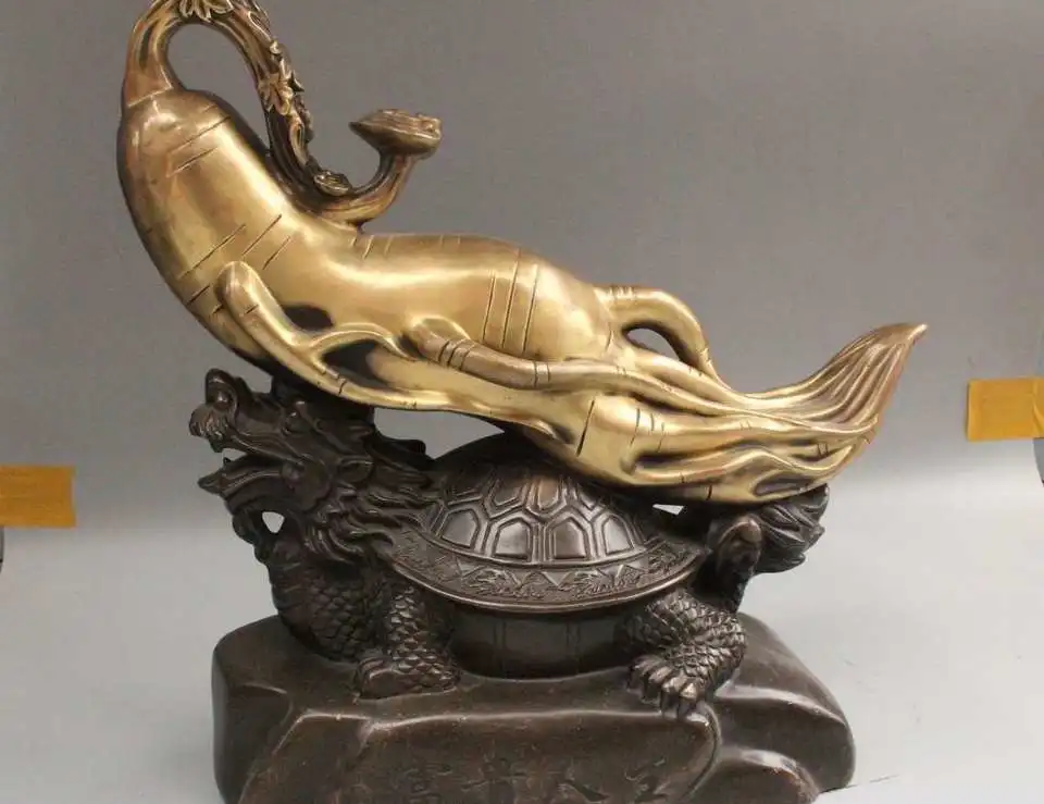 

18" Chinese Fengshui Bronze Fu Panax Ginseng Ride Dragon Turtle Tortoise Statue