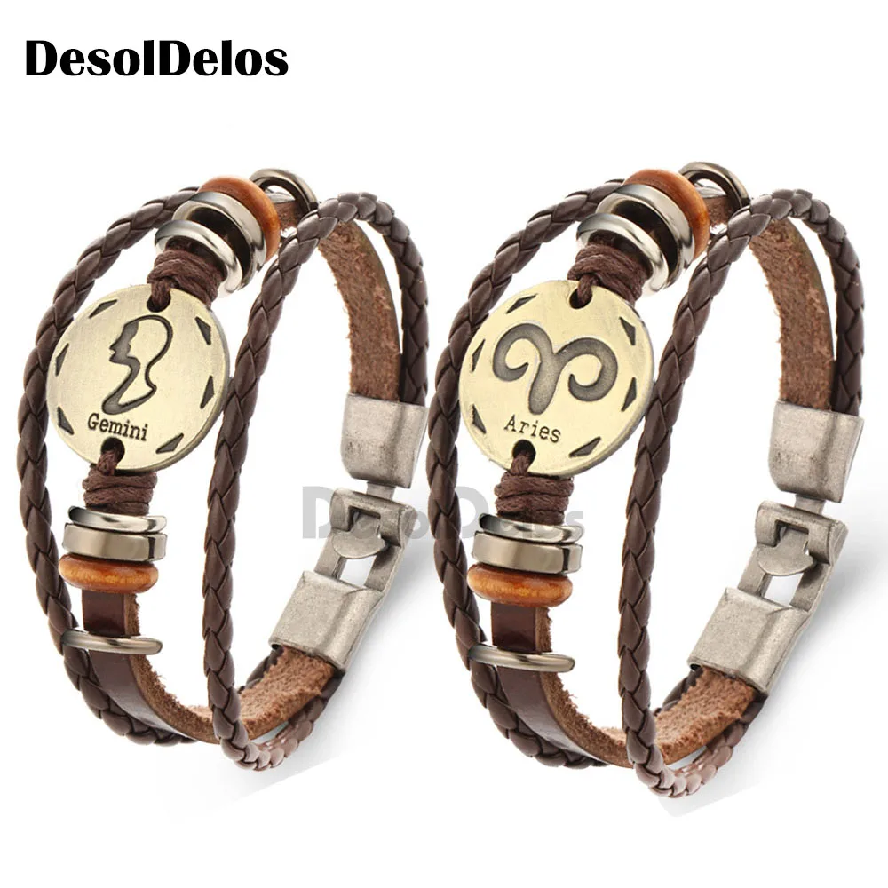 

12 Constellations Bracelets Leather Charm Bracelet Braided Chain Cuff Bangle Women Men Silver Color Wristbands Jewelry