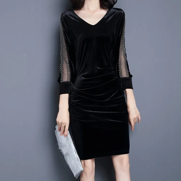 

2019 3Xl Women Vintage Black Velvet Dress Autumn Casual Bodycon Sheath Dress Plus Size Female Clothing Robe