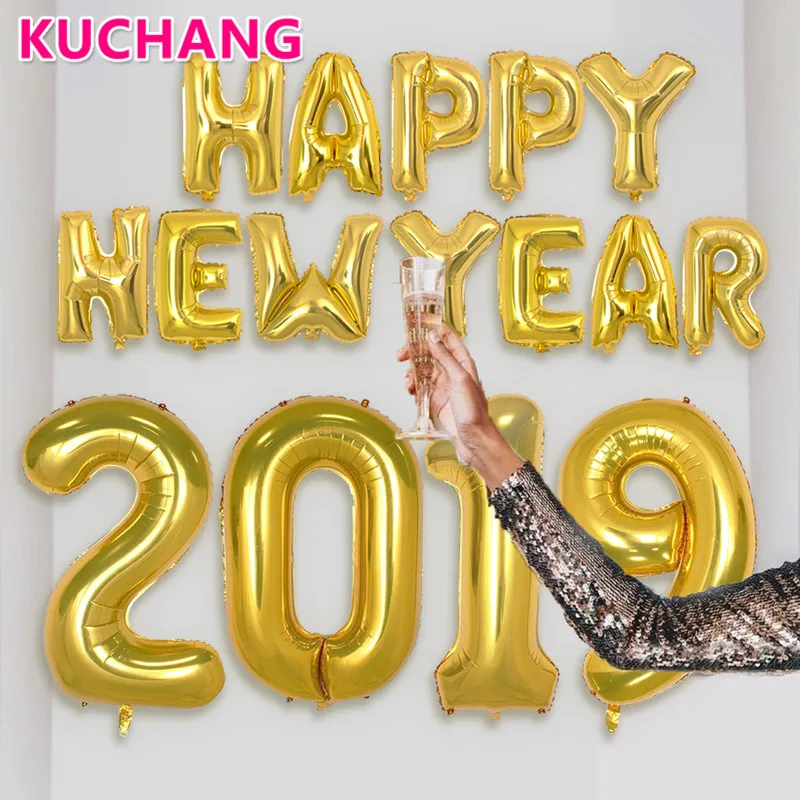 

1 Set 16inch Happy New Year Letter Foil Balloons Banner Black Gold Silver Latex Balloon Number 2019 Globos Party Decorations