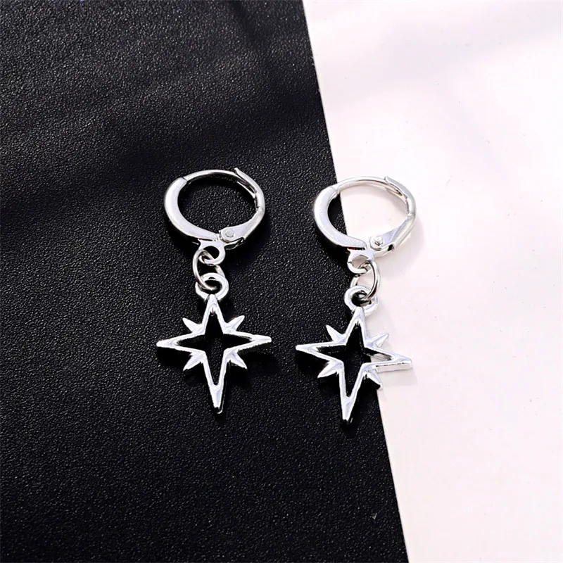 Dayoff Europe Silver Pointed Geometric Hoop Earrrings Punk Round Hollow Earstud Women Jewelry Small Long Earrings E436