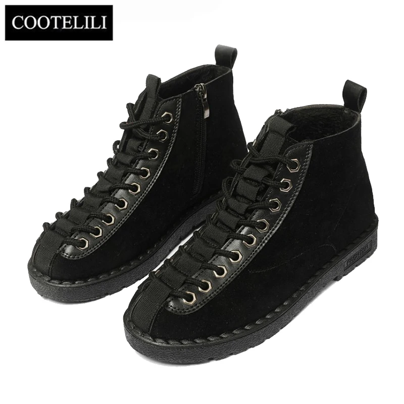 COOTELILI/зимняя обувь; женские резиновые ботильоны для женщин; Цвет Черный; классические модные плюшевые ботинки на шнуровке; женская обувь на плоской подошве
