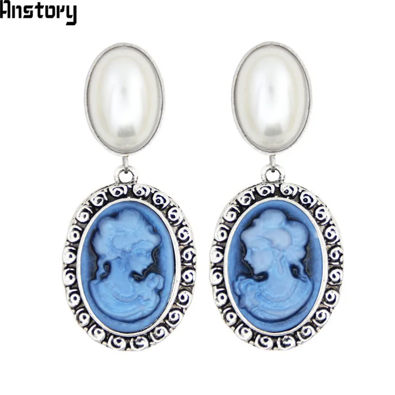 Oval Pearl Earrings Stud For Women Lady Queen Cameo Stud Vintage Look Antique Silver Plated Fashion Jewelry TE492 - Окраска металла: Blue