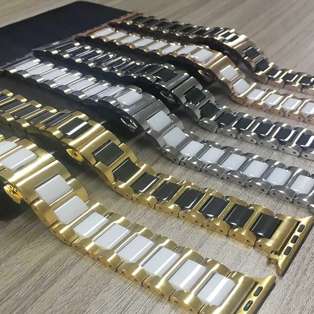 Роскошные Нержавеющая сталь керамики ремешок для наручных часов Apple Watch, версии 40/44/38/42 мм регулируемый браслет серии 5, 4, 3, 2, 1, Correa, браслет