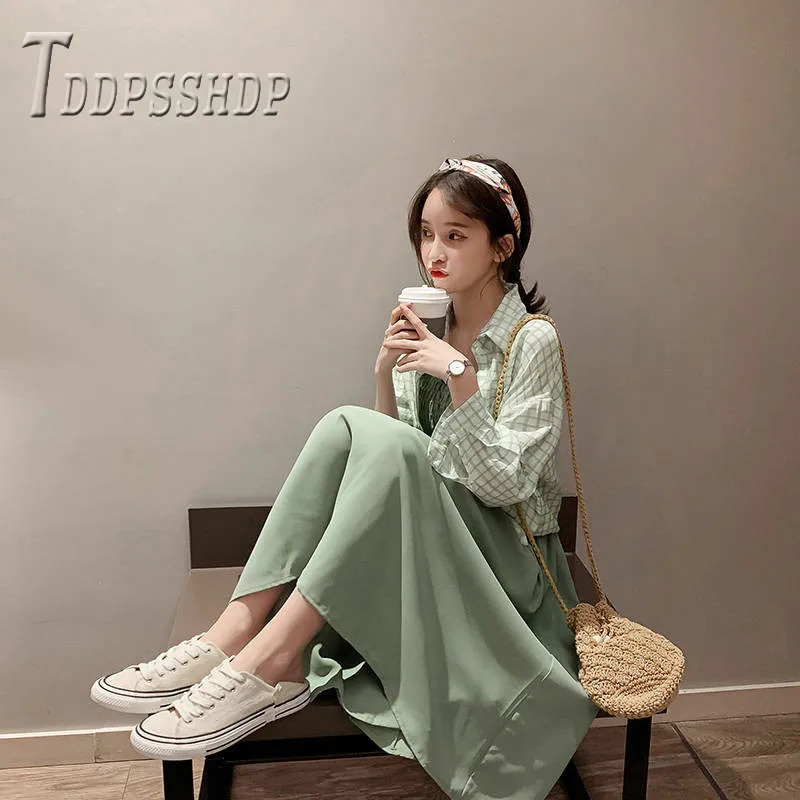 

2019 Summer Women Sets Grid Blouse And Elastic Chest Dress Female Sets