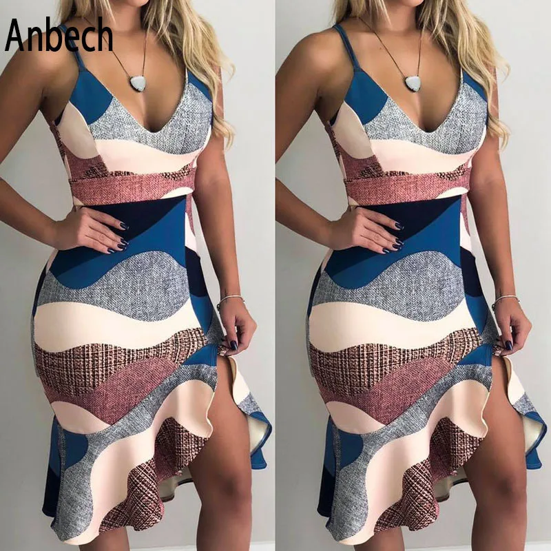 

2019 summer women's large size dress fashion sexy sling deep V dress ruffled bag hip dress