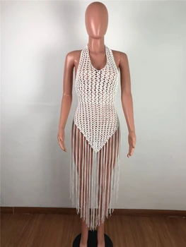 Adogirl Hand Crochet Fishnet Long Tassel Summer Beach Dress Fashion Sexy Halter Backless Maxi Dress