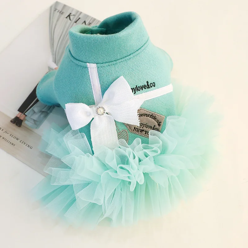 

Pet Dog Spring Autumn Soft Cotton Colothes Blue Bowknot Lace Edge Dresses For Small Dogs DC7107
