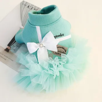 

Pet Dog Spring Autumn Soft Cotton Colothes Blue Bowknot Lace Edge Dresses For Small Dogs DC7107