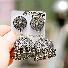 Классические женские индийские цыганские украшения Jhumka, серебряные серьги в стиле бохо, винтажные этнические полые колокольчики-серьги с кисточками для женщин