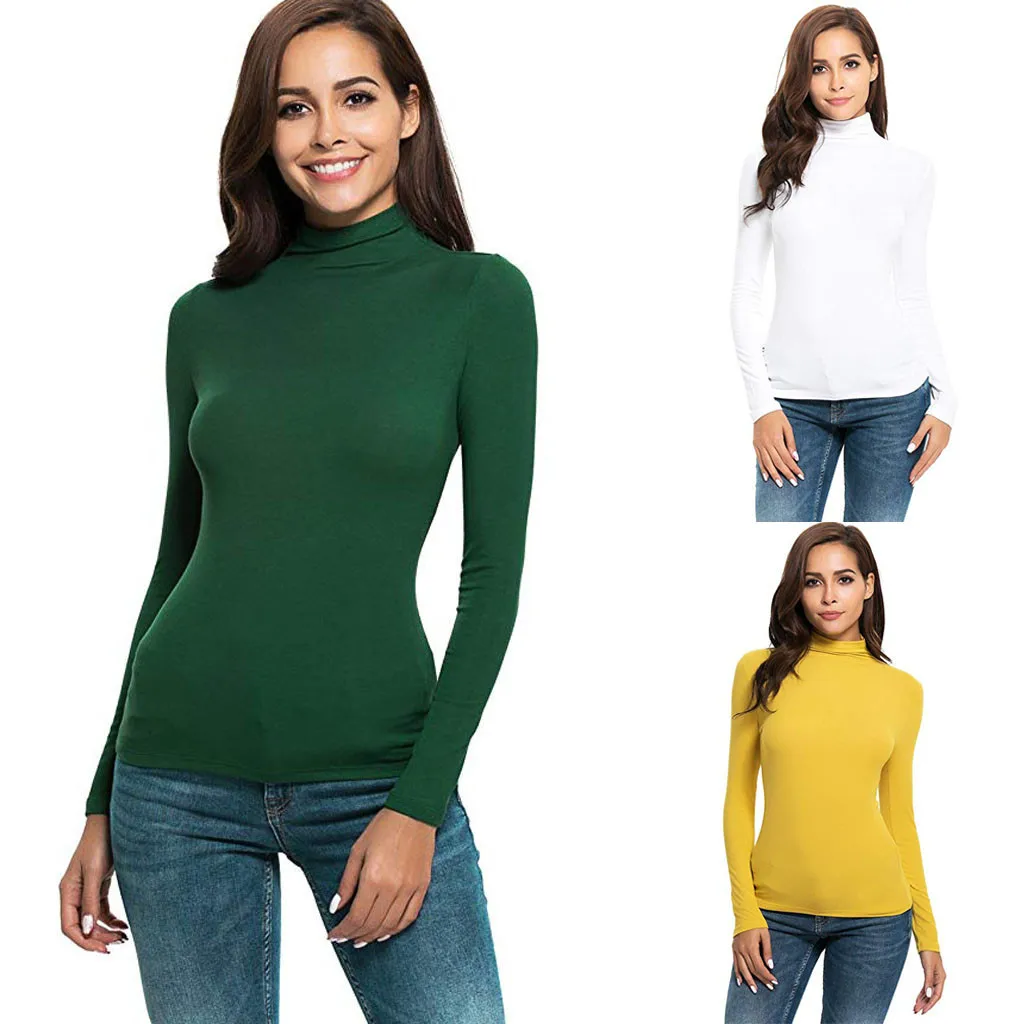 

Casual Women basic T Shirt Long Sleeve Solid Slim Fit white Turtleneck Tee Shirt Brief daily Modis Vogue Tops Poleras Mujer#sw