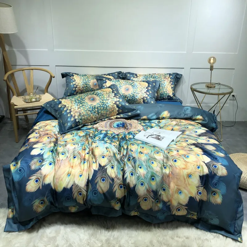 Peacock Blue Luxury Digital Printing Egyptian Cotton 4pcs Bedding