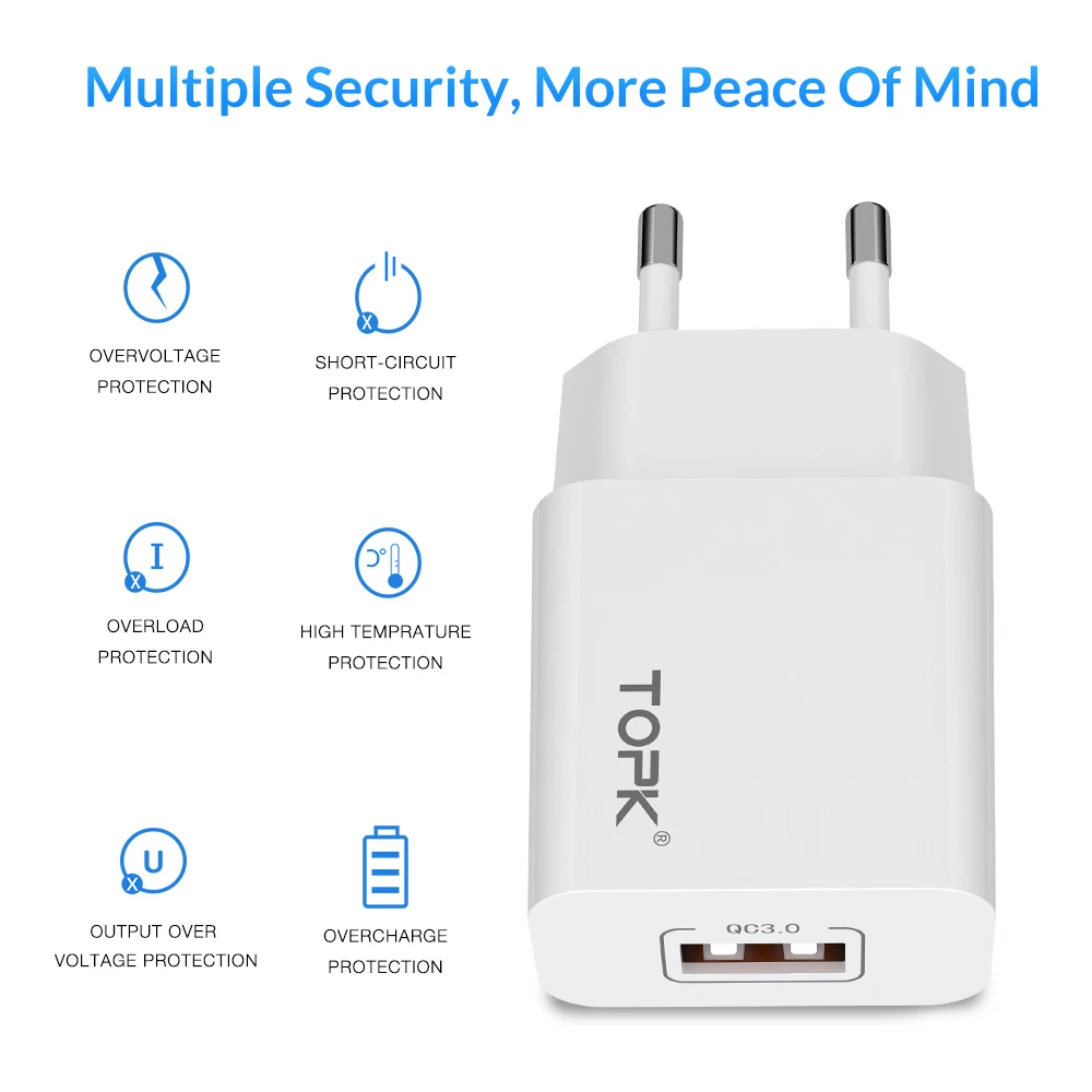 TOPK 18 W 3.0 سريعة تهمة QC3.0 البسيطة USB مهايئ شاحن الاتحاد الأوروبي التوصيل السفر الحائط الهاتف المحمول شاحن آيفون سامسونج Xiaomi