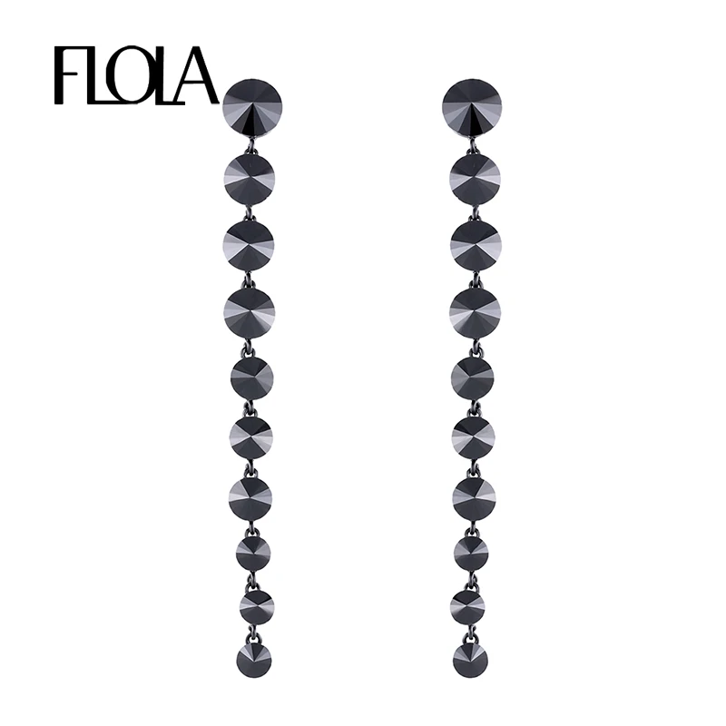 

FLOLA 2019 Crystal Black Long Earrings for Woman Gothic Punk Hanging Drop Earring with Stones Za Evening Party Jewelry ersm57