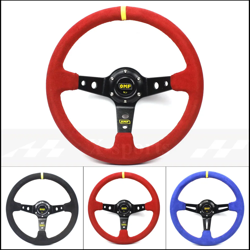 

OMP car Sport steering wheel racing type High quality universal 14 inches 350MM Aluminum Aluminum+suede 4 color Red blue black