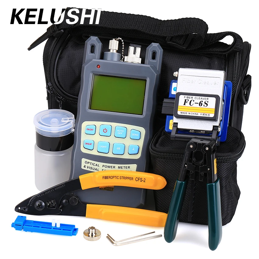 

KELUSHI 9pcs/set FTTH Tool Kit with FC-6S Fiber Cleaver and Optical Power Meter 10mW Fiber Optic Stripper Tools