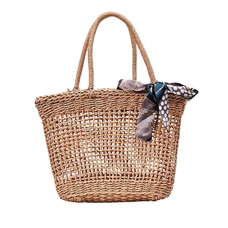 buy Hand Woven Hollow Mesh Straw Tote Handbag With Synthetic Straw Rattan Bag Lightweight Natural Color Beach Style Hangbag