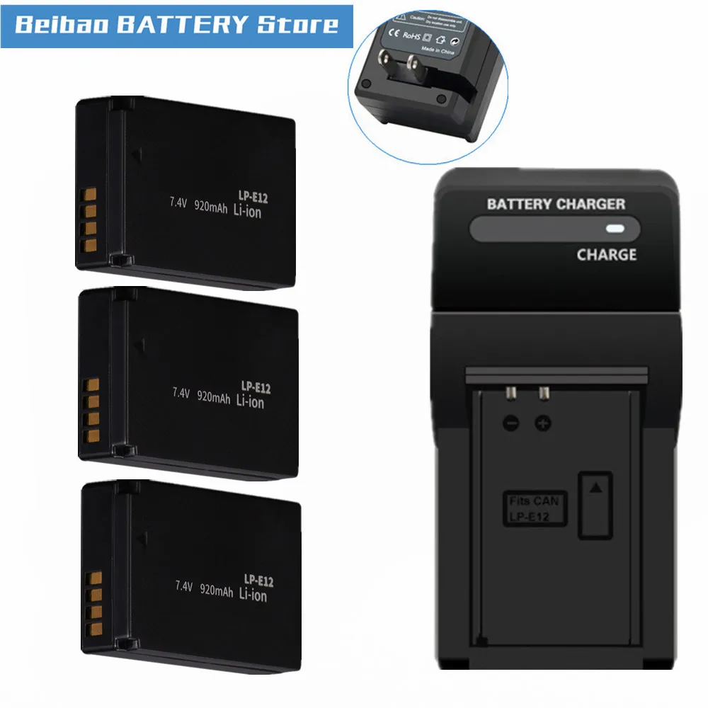 3pcs 920mAh LP E12 LPE12 LP E12 Camera Battery AKKU + Charger for Canon