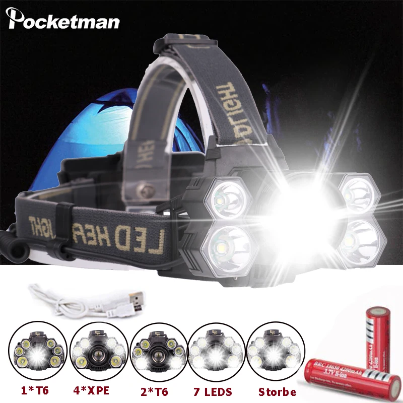 Best 60000ml Headlamp 3*T6 +2*XPE LED Lamp 5 Mode Zoomable Headlight USB Charger Head Torch Fishing Camping Flashlight 18650 Battery