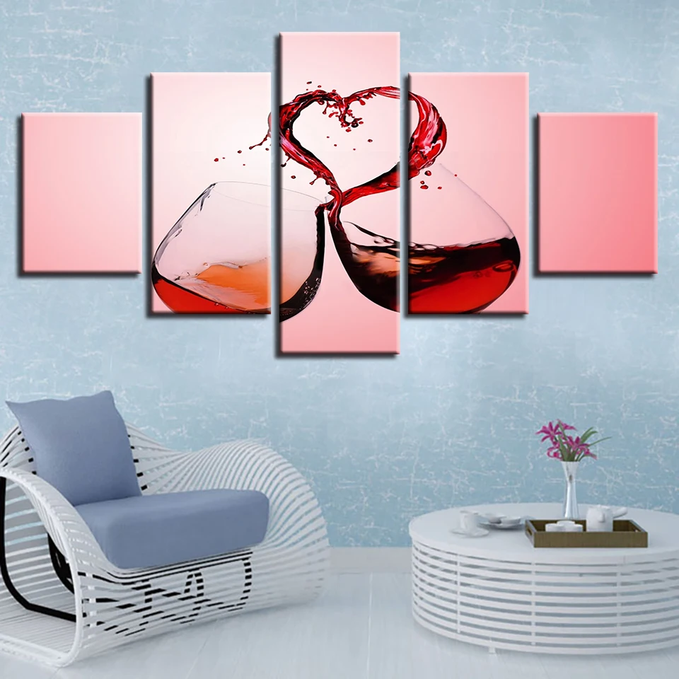 Art Canvas Paintings Modular Poster 5 Pieces Heart Shape And Red Wine Glass Cup Pictures HD Prints Kitchen Restaurant Wall Decor